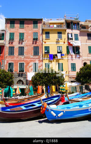Maisons colorées et bateaux de Vernazza, Cinque Terre, Italie Banque D'Images