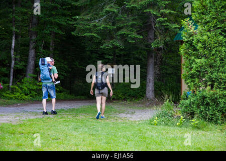 Les randonneurs sur un sentier de bois près du centre d'accueil en Baie-Eternite privé du Parc National du Fjord-du-Saguenay au Québec. Banque D'Images