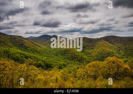 Printemps nuageux voir de Skyline Drive dans le Parc National Shenandoah, en Virginie. Banque D'Images