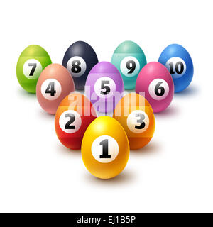 Oeufs de Pâques décorés à la recherche comme des boules de billard, alignés en triangle et isolated on white Banque D'Images