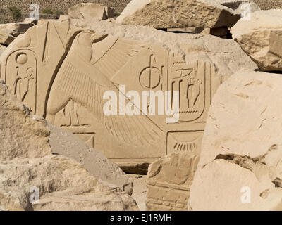 Close up de secours menées sur certains des blocs cassés dans des magazines au Temple de Karnak, Louxor Égypte Banque D'Images