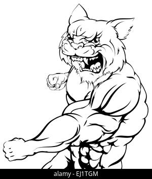 Un personnage mascotte wildcat musculaire sports d'attaque avec un poinçon Banque D'Images