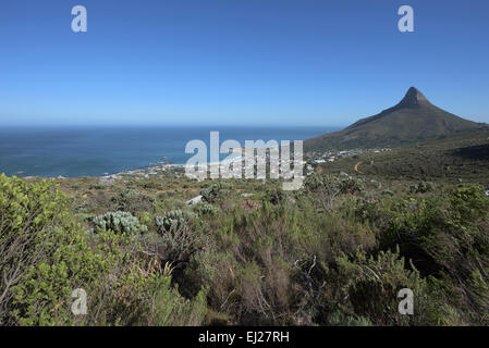 Vue de Camps Bay et Lions Head, du tuyau de la sentier de randonnée Piste Table Mountain, Cape Town, Afrique du Sud Banque D'Images