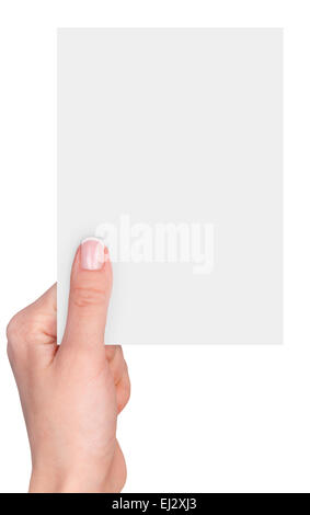 Les doigts de la femme tenant une carte de visite vierge isolé sur fond blanc Banque D'Images