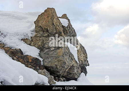 Des rochers couverts de neige sur la côte de l'Acadia National Park, Maine. Banque D'Images