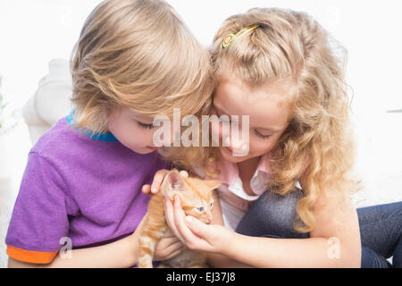 Frère et soeur avec chaton à la maison Banque D'Images