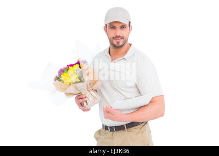 Livraison de fleurs montrant l'homme presse-papiers Banque D'Images