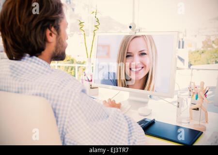 Image composite de closeup of Beautiful woman smiling at home Banque D'Images