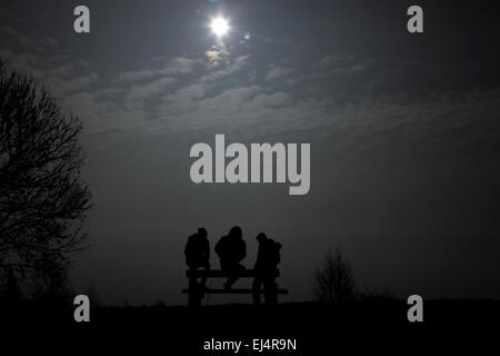 Éclipse solaire partielle . . Peterborough, Cambridgeshire, UK . . 20.03.2015 Les gens se rassemblent pour surveiller l'éclipse solaire partielle à Nene Park, Peterborough (Cambridgeshire. © Paul Marriott la photographie. Banque D'Images