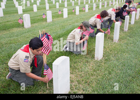 Plaçant une de Boyscouts, 85 000 drapeaux américains en 2014, l'événement le Jour Commémoratif National Cemetery de Los Angeles, Californie, États-Unis Banque D'Images