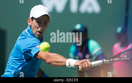 (150322) --INDIAN WELLS, mars. 22, 2015 (Xinhua) -- la Serbie de Novak Djokovic renvoie la balle au cours de la demi-finale hommes contre Andy Murray de la Grande-Bretagne dans le BNP Paribas Open de tennis à l'Indian Wells Tennis Garden à Indian Wells, en Californie, aux États-Unis le 21 mars 2015. Djokovic a gagné 2-0. (Xinhua/Yang Lei) Banque D'Images