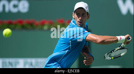 (150322) --INDIAN WELLS, mars. 22, 2015 (Xinhua) -- la Serbie de Novak Djokovic renvoie la balle au cours de la demi-finale hommes contre Andy Murray de la Grande-Bretagne dans le BNP Paribas Open de tennis à l'Indian Wells Tennis Garden à Indian Wells, en Californie, aux États-Unis le 21 mars 2015. Djokovic a gagné 2-0. (Xinhua/Yang Lei) Banque D'Images