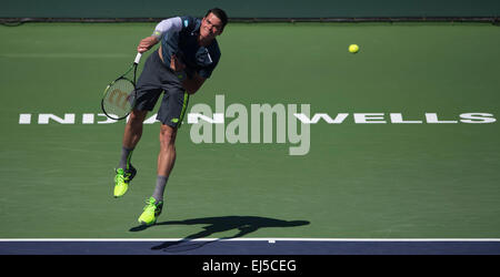 (150322) --INDIAN WELLS, mars. 22, 2015 (Xinhua) -- Milos Raonic du Canada sert la balle pendant la demi-finale contre les hommes de la suisse Roger Federer sur le BNP Paribas Open de tennis à l'Indian Wells Tennis Garden à Indian Wells, en Californie, aux États-Unis le 21 mars 2015. Raonic a perdu 0-2. (Xinhua/Yang Lei) Banque D'Images