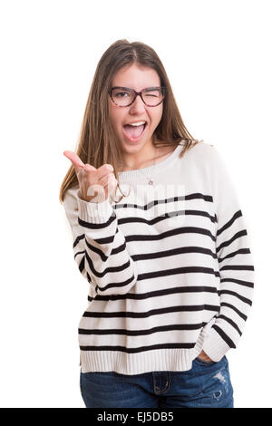 Studio shot : Jeune femme ayant une grande idée Banque D'Images