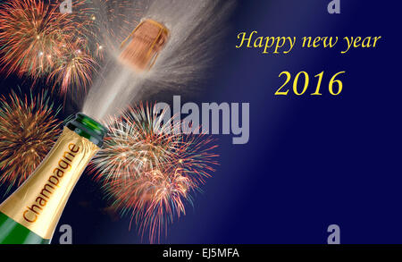 Bonne année 2016 avec popping champagne cork et firework Banque D'Images