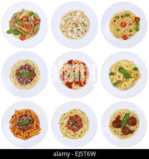 Collection de spaghetti, ravioli pâtes nouilles isolés de repas sur un plateau d'en haut Banque D'Images