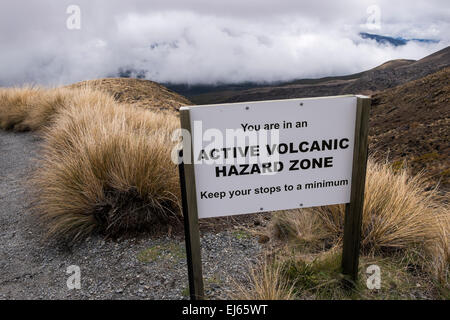 Panneau d'avertissement sur le Tongariro alpine crossing près du volcan le plus récent, en Nouvelle-Zélande. Banque D'Images