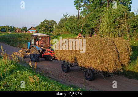 Paysage rural - tracteur passe sur chemin de sable avec remorque chargée de foin. Banque D'Images
