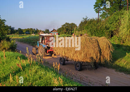 Paysage rural - tracteur passe sur chemin de sable avec remorque chargée de foin. Banque D'Images