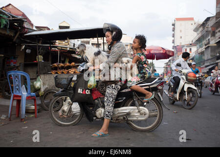 Fille et son chien sur une moto à Phnom Penh au Cambodge Banque D'Images