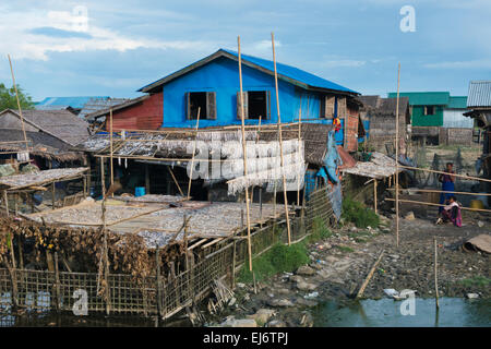 Le séchage du poisson dans le village de pêcheurs, Sittwe, l'État de Rakhine, au Myanmar Banque D'Images