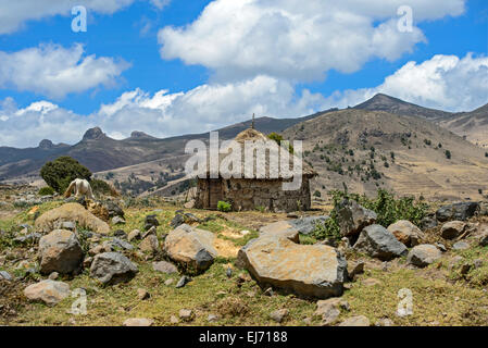 Hut Oromo ronde au toit de chaume dans un paysage montagneux de l'Ethiopian highland, zone de balle, Oromiya, Ethiopie Banque D'Images