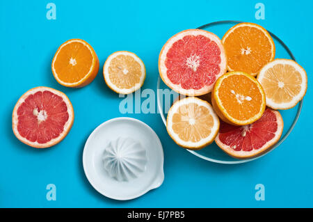 Oranges, citrons juteux et des pamplemousses dans un bol en verre et un presse-fruits sur une table Banque D'Images