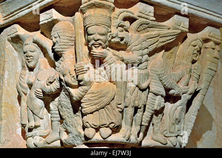 Espagne, Madrid : Détail d'une capitale romane dans le monastère de San Juan de Duero Banque D'Images