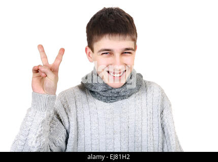 Adolescent avec le geste de la Victoire Banque D'Images