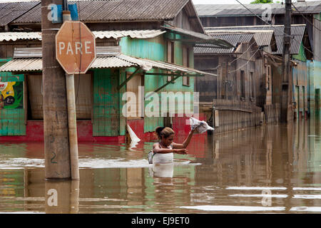 2015 Inondations en Amazonie brésilienne, femme traverse la rue inondée en face d'un panneau d'arrêt ( tape ) à Novo Triangulo, district de la ville de Rio Branco, l'état d'Acre. Les inondations ont touché des milliers de personnes dans l'Etat d'Acre, dans le nord du Brésil, depuis le 23 février 2015, lorsque certaines des rivières de l'état, en particulier l'Acre, la rivière a débordé. De plus fortes précipitations a forcé les niveaux de la rivière plus haut encore, et le 03 mars 2015, le gouvernement fédéral du Brésil a déclaré l'état d'urgence dans l'état d'Acre, où les conditions d'inondations situation a été décrite comme la pire en 132 ans. Banque D'Images