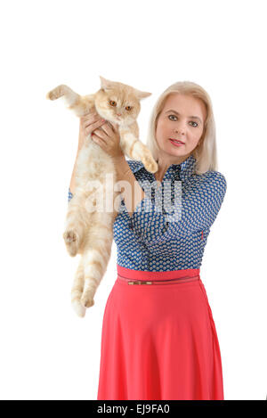 Blonde et chat rouge Banque D'Images