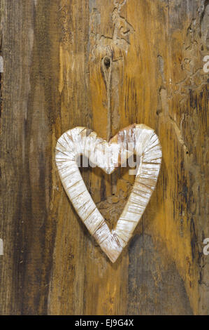 Coeur en bois sculpté est accroché sur l'écorce des arbres Banque D'Images