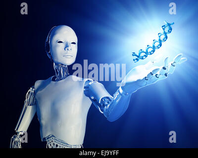 Un android futuriste de l'extension d'une main avec un brin d'ADN Banque D'Images