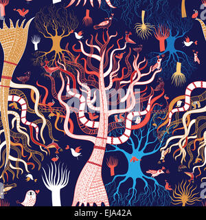 Motif graphique arbre magique avec des oiseaux dans l'amour sur un fond bleu Banque D'Images