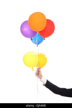 La main d'affaires avec des ballons colorés isolé sur fond blanc Banque D'Images