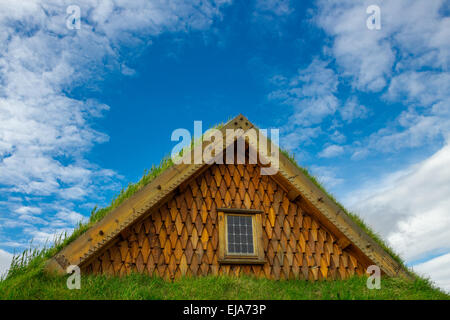 Toit d'herbe sur une vieille église viking en Islande Banque D'Images