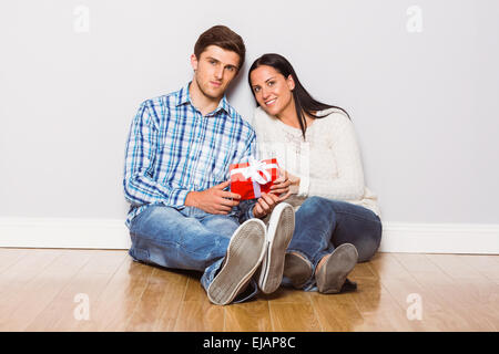 Young couple sitting on floor with gift Banque D'Images