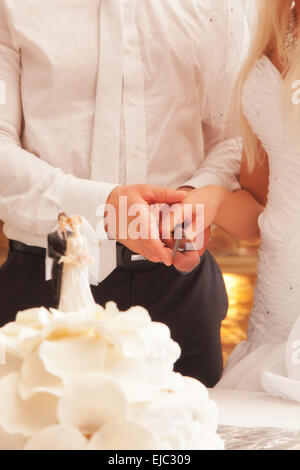 Couper le gâteau de mariage de jeunes mariés Banque D'Images