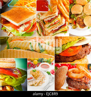 Des hamburgers et des sandwichs collection sur un collage Banque D'Images