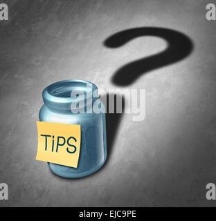 Pourboire Le pourboire et symbole d'une gratification de concept comme le récipient avec de l'argent à l'intérieur jette une ombre en forme de point d'interrogation comme une icône pour décider combien d'argent à donner pour le service. Banque D'Images