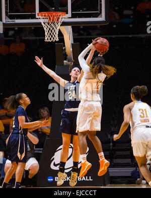 23 mars 2015 : Bashaara Graves # 12 de l'Ohio Lady bénévoles tire la balle plus de Monica Wignot # 24 de la Pittsburgh Panthers au cours de la 2015 NCAA Division 1 féminine Championnat de basket-ball en 2e match entre l'Université de Pittsburgh Panthers et l'Université du Tennessee Lady Vols à Thompson-Boling Arena de Knoxville TN Banque D'Images