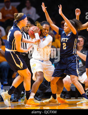 23 mars 2015 : Bashaara Graves # 12 de l'Ohio Lady bénévoles batailles pour une balle contre Aysia Bugg # 2 et Monica Wignot # 24 de la Pittsburgh Panthers au cours de la 2015 NCAA Division 1 féminine Championnat de basket-ball en 2e match entre l'Université de Pittsburgh Panthers et l'Université du Tennessee Lady Vols à Thompson-Boling Arena de Knoxville TN Banque D'Images