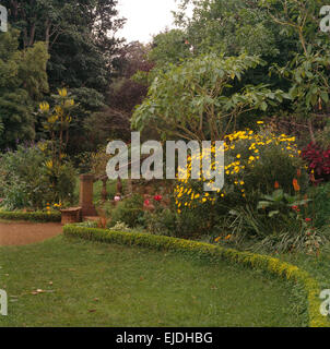 Zone de faible pente liseré qui lit avec arbuste à fleurs jaune en grand pays jardin Banque D'Images