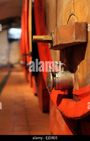 Des tonneaux de vin en bois/tonneaux s'asseoir dans la cave à vin au Château d'Aiguilhe Winery, la plus ancienne cave en Italie. Banque D'Images