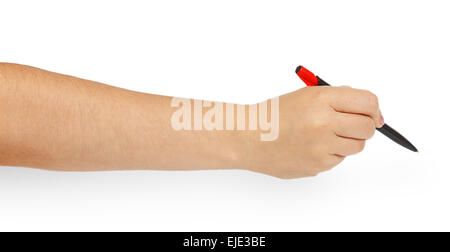 Stylo à bille noir main de femme en isolé sur fond blanc Banque D'Images