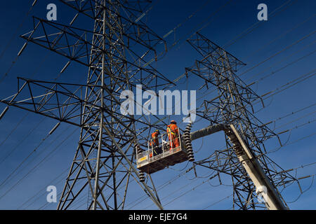 Les monteurs-Hydro de levage de la flèche sur l'enlèvement des isolateurs de suspension sur l'électricité à haute tension ligne électrique tour à Toronto avec ciel bleu Banque D'Images