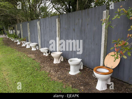 Greymouth, Nouvelle-Zélande. Mar 22, 2015. Les automobilistes peuvent obtenir rincée avec de l'excitation quand ils repèrent des toilettes et urinoirs 14 -- certains débordant de plantes -- le long d'une clôture en bois sur la côte ouest de l'île Sud de la Nouvelle-Zélande. © PJ Heller/ZUMA/Alamy Fil Live News Banque D'Images