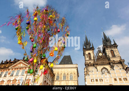 Décorée dans un arbre, Pâques, traditions, fêtes, place de la Vieille Ville Prague République Tchèque Banque D'Images