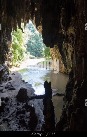 Un côté de l'entrée d'une grotte avec des stalactites et stalagmites à Tham Lod National Park, province de Mae Hong Son, Thaïlande Banque D'Images