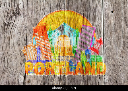 Portland Oregon Contours Silhouette aux toits de la ville Downtown Cercle Couleur Texte sur fond Bois Illustration impressionniste Banque D'Images